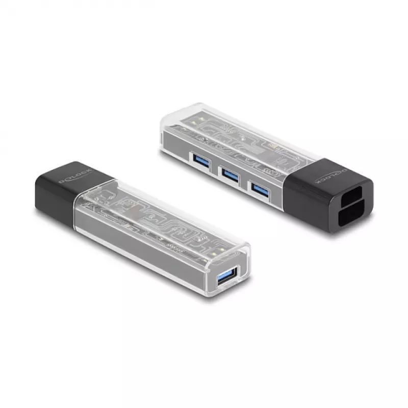 DELOCK USB 3.2 Gen 1 4 prievadų USB šakotuvas su Type-A + Type-C jungtimi (5000 Mbit/s) juodas/permatomas