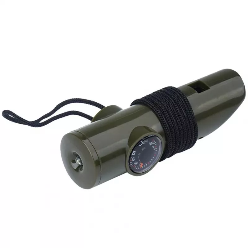 Daugiafunkcinis išgyvenimo švilpukas Mil-Tec SP.22073 — 6 viename, alyvuogių, kompasas, termometras, veidrodis, didinamasis stiklas, šviesa, 100×35×30 mm