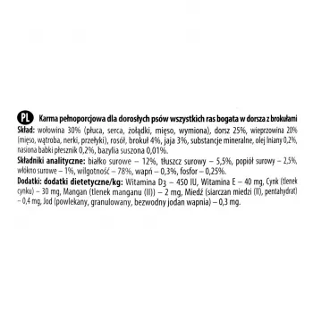 Šlapias šunų ėdalas Dolina Noteci Premium – menkė su brokoliais, 800 g, suaugusiems šunims, be grūdų, be glitimo