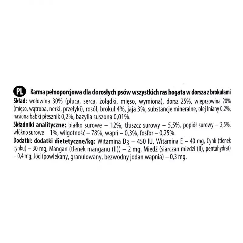Šlapias šunų ėdalas Dolina Noteci Premium – menkė su brokoliais, 800 g, suaugusiems šunims, be grūdų, be glitimo