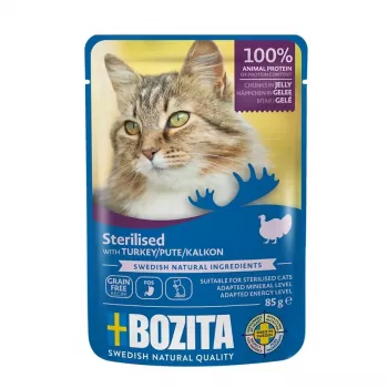 BOZITA sterilised gabaliukai drebučiuose su kalakutiena šlapias maistas katėms, 85 g