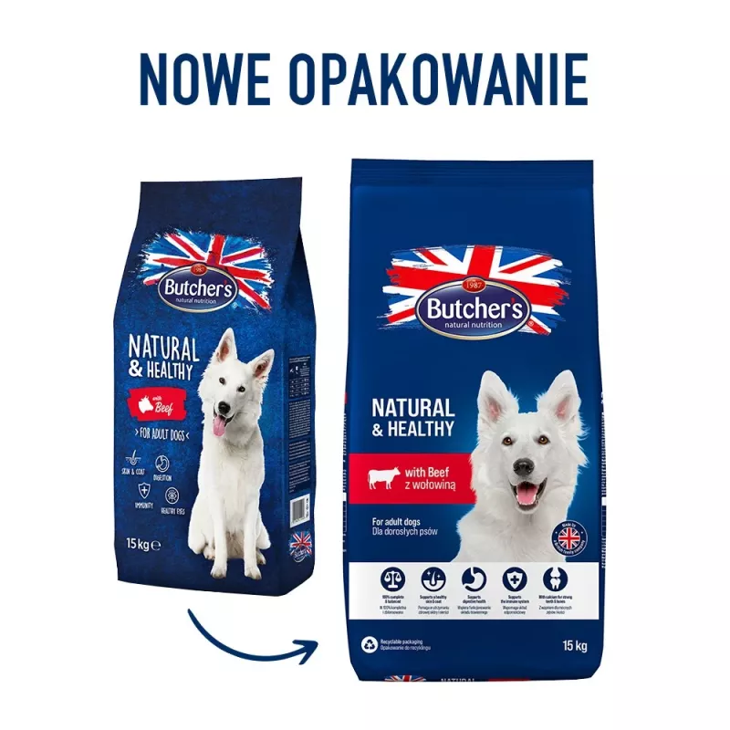 Sausas šunų maistas Butcher's Natural & Healthy Adult Beef 15 kg — 20% baltymų, 7,5% riebalų, 3% skaidulų