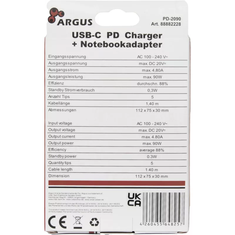 Įkroviklis Inter-Tech PD-2090 90 W USB PD, 4 keičiami antgaliai, juodas
