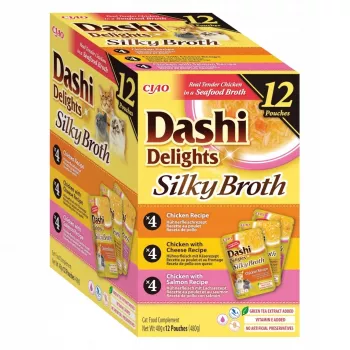 Šlapias kačių maistas INABA Dashi Delights Silky Broth vištiena ir lašiša, 12 x 40 g pakeliai, pilnavertis suaugusioms katėms
