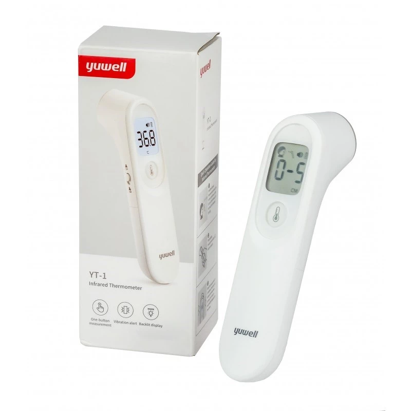 Bekontaktis infraraudonųjų spindulių termometras Yuwell YT-1 – kaktos, 32–43 °C, ±0,3 °C tikslumas, mygtukų valdymas, signalas, AAA baterijos