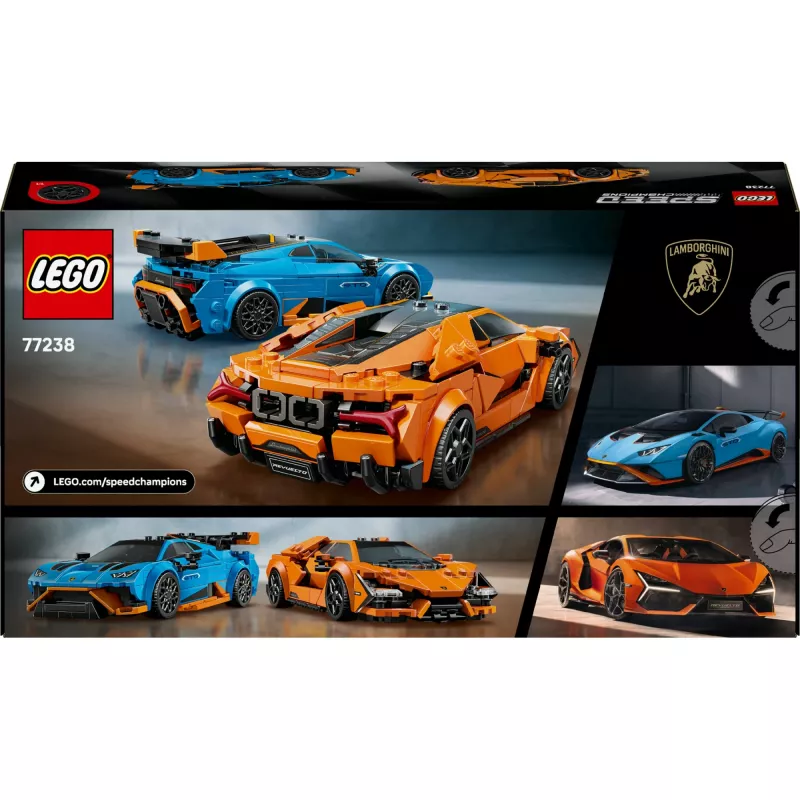 LEGO Speed Champions rinkinys 77238 — Lamborghini Revuelto ir Huracán STO, 607 dalių, 2 minifigūrėlės, rekomenduojama nuo 10 metų