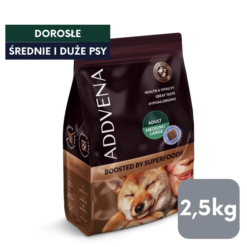 ADDVENA Boosted by superfoods suaugusiems vidutinėms/didelėms veislėms Jautiena - sausas šunų ėdalas - 2,5kg