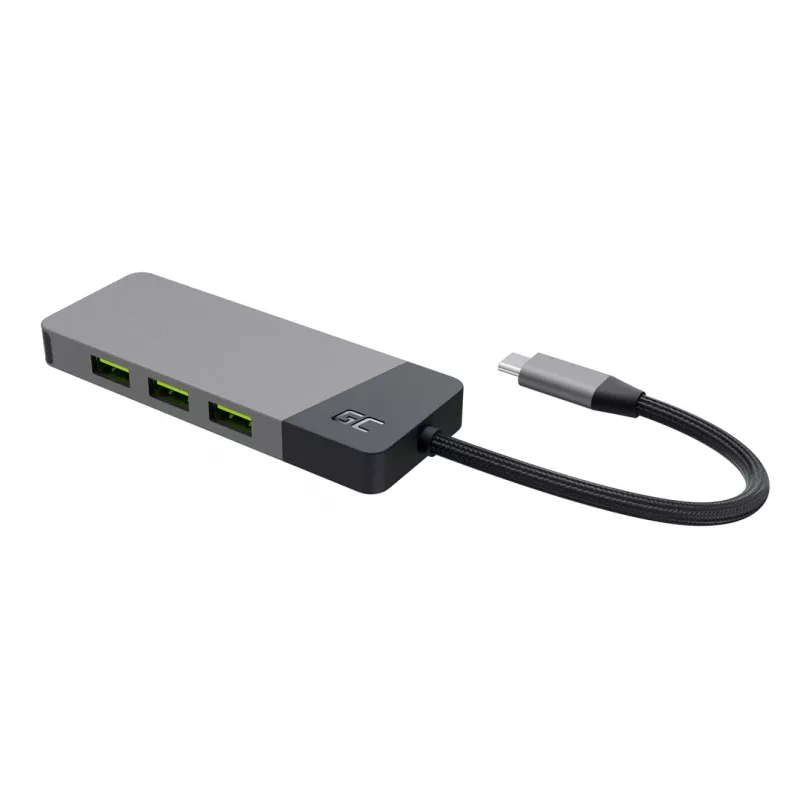 USB Type-C centrinis įrenginys Green Cell HUBGC01 — 7 prievadai: 3×USB-A 3.2 Gen 1, 1×USB-C 3.2 Gen 1, HDMI, microSD+SD kortelių skaitytuvas — sidabrinis