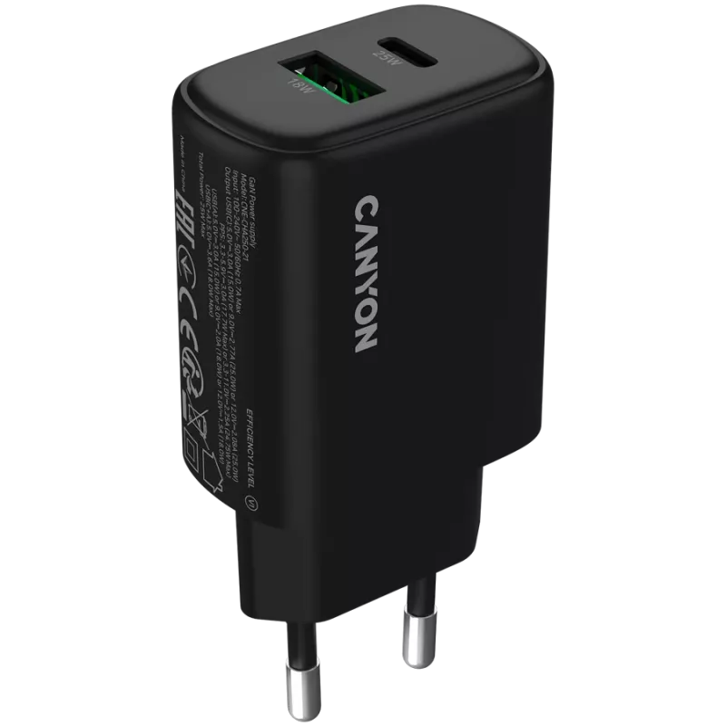 CANYON OnCharge 250 25W 1xPD 1xQC EU juodas įkroviklis