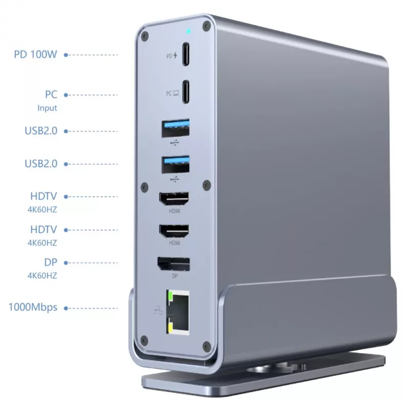 Gembird 15-in-1 USB Type-C kelių prievadų adapteris A-CF-COMBO15-01 — USB 3.2 Gen 2, 4× Type-C, 2× HDMI, DisplayPort, PD 3.0, SD kortelių skaitytuvas, Gigabit LAN, 3,5 mm garsas, pilka
