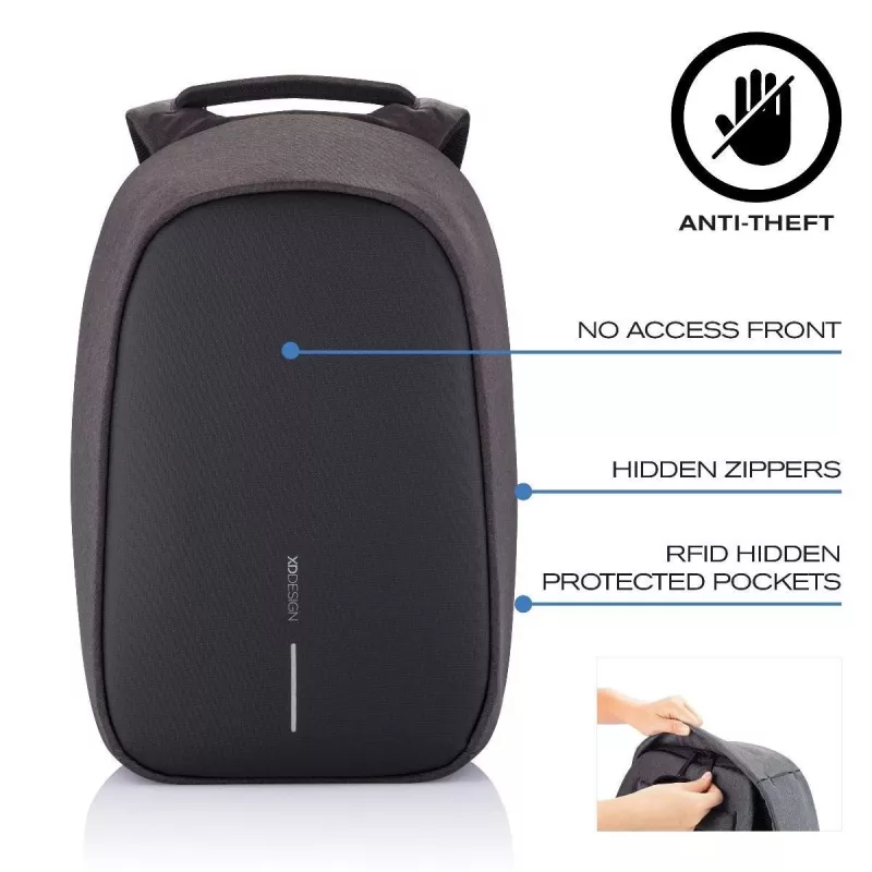 Kuprinė XDDESIGN Bobby Hero Small, apsaugota nuo vagysčių, 11,5 L, planšetei iki 12,9 colio, PET/polistirolas, juoda