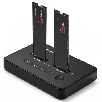 Dokavimo stotelė QOLTEC 52366 – dviejų M.2 NVMe PCIe SSD, USB-C 20Gb/s, palaiko iki 2×8TB, neprisijungus klonavimas