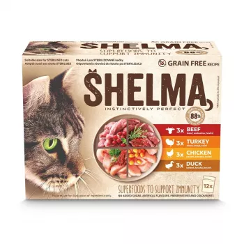 Šlapias kačių ėdalas SHELMA su kalakutiena, antiena, vištiena ir jautiena padaže – 12x85g