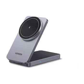 UGREEN W528 belaidis magnetinis 2-in-1 įkroviklis ausinėms ir telefonams, pilka, apsauga nuo trumpojo jungimo ir per žemos įtampos
