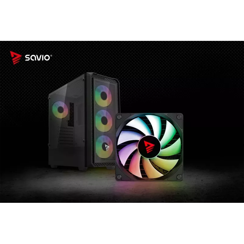 PC korpusas SAVIO Noctis Glass RGB — Juodas, ATX/Micro-ATX, 210×410×450 mm, 3×120 mm priekiniai ventiliatoriai