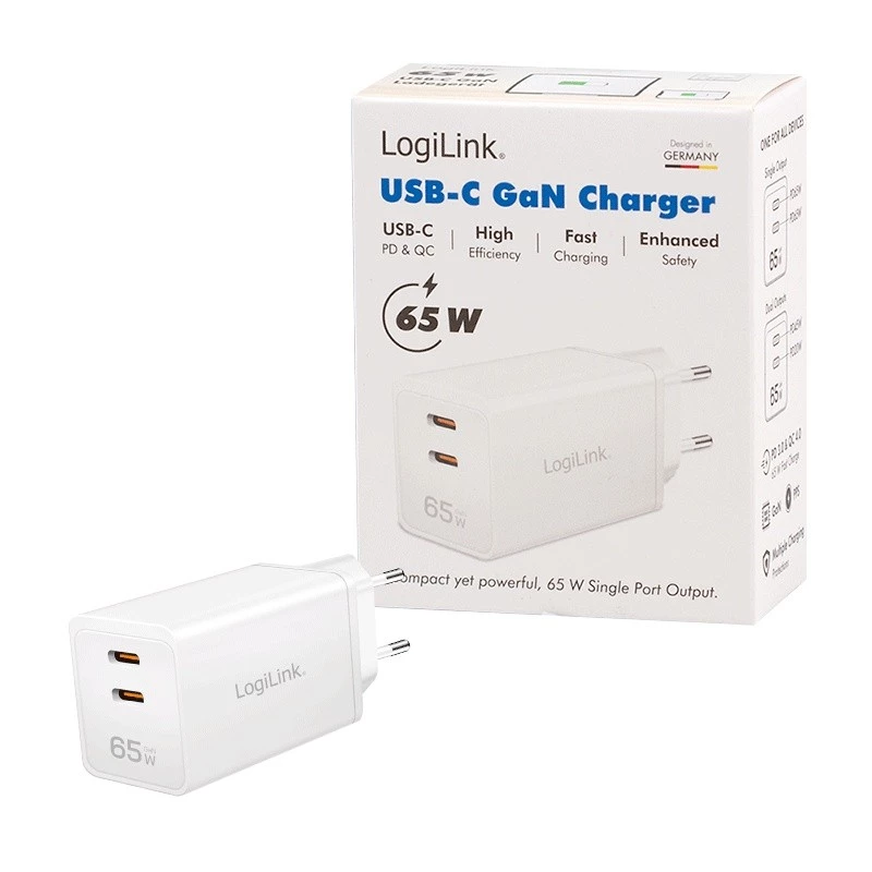 LogiLink PA0367 dvigubas USB-C sieninis įkroviklis 65 W, baltas