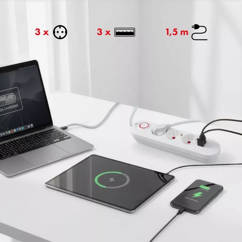 Maclean MCE394W ilgintuvas 3 kištukiniai lizdai, 3×USB 2.1A, 2500 W, 1,5 m laidas, baltas