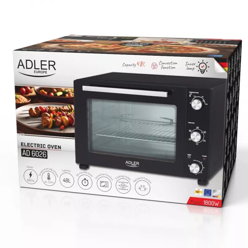 Elektrinė kompaktiška stalviršinė orkaitė Adler AD 6026 – 48 L talpa, 1800 W, laisvai pastatoma, mechaninis laikmatis