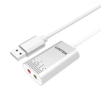 Garso keitiklis Unitek Y-247A, sidabrinis, USB Type-A jungtis, kompaktiškas 12×28×46 mm