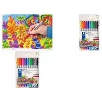 Flomasteriai Staedtler 320 C12 smulkus/vidutinis juoda, mėlyna, ruda, žalia, pilka, šviesiai mėlyna, šviesiai pilka, oranžinė, rožinė, raudona, violetinė, geltona