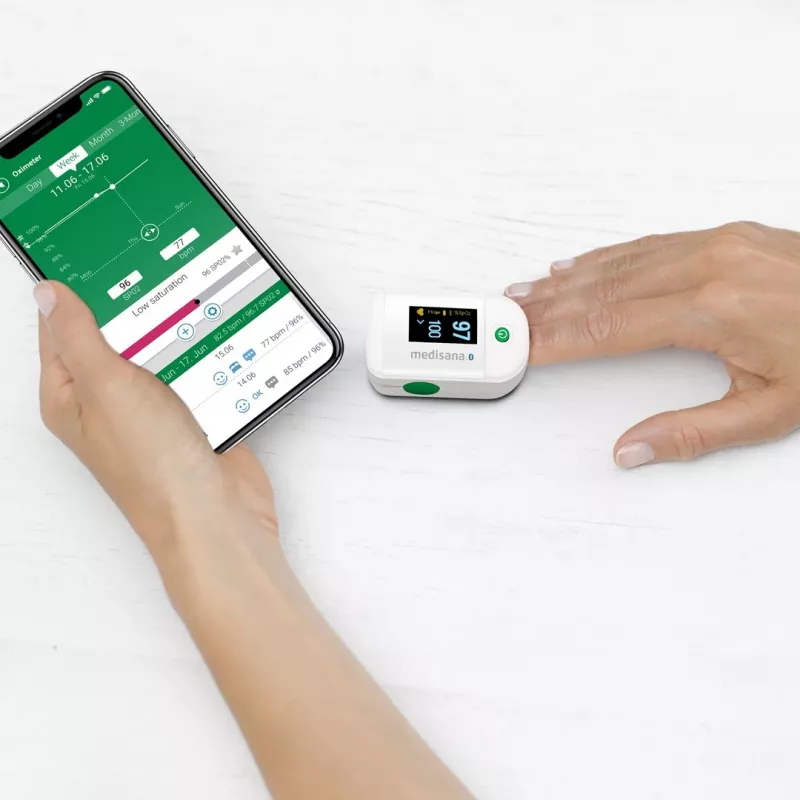 Medisana PM 100 Connect pulsoksimetras, pilkai baltas