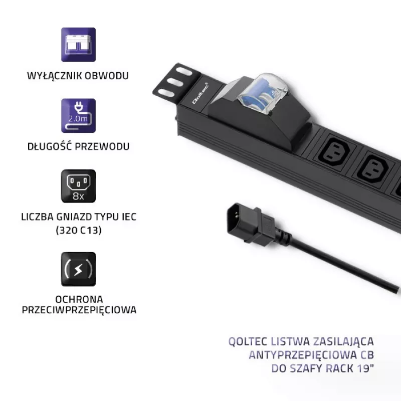 Qoltec 53999 19 colių stovo maitinimo juosta PDU, 1U, 8x IEC C13, 10 A, su automatiniu jungikliu, 2 m