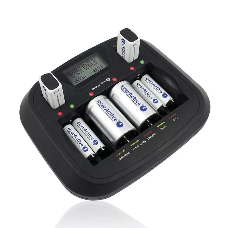 Baterijų įkroviklis everActive NC-900U Universal DC – įkrauna AA, AAA, C, D, 9V, iki 6 elementų, juodas
