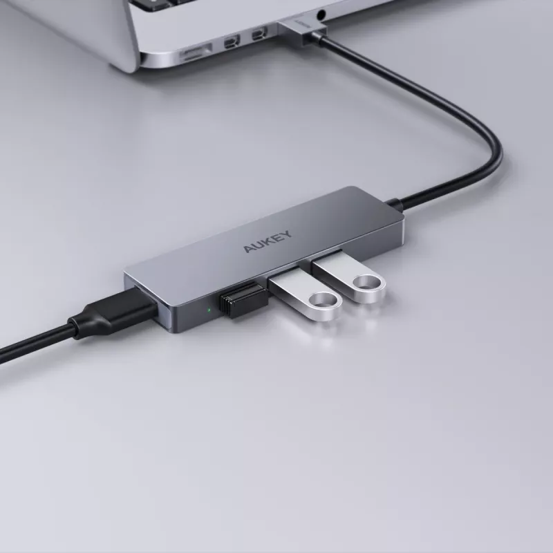 USB šakotuvas Aukey CB-H36 – 4 prievadai USB 3.2 Gen 1 Type-A, pagrindinis USB 2.0, 5000 Mbit/s, aliuminis sidabrinis