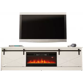 Spintelė TV su elektriniu židiniu Cama Meble GRANERO modelis RTV GRANERO + KOM B/B, 200x56,7x35 cm, balta/blizganti balta, 2 durys, 2 lentynos, MDF/medžio drožlių plokštė