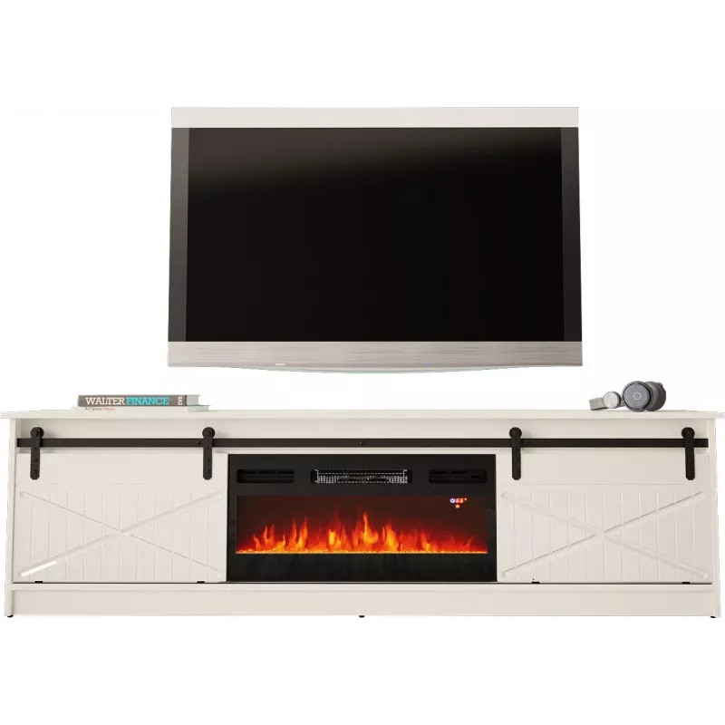 Spintelė TV su elektriniu židiniu Cama Meble GRANERO modelis RTV GRANERO + KOM B/B, 200x56,7x35 cm, balta/blizganti balta, 2 durys, 2 lentynos, MDF/medžio drožlių plokštė