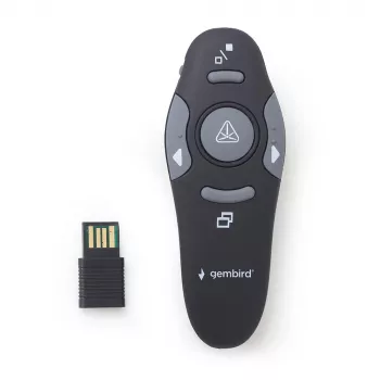 GEMBIRD belaidis IR pristatymo nuotolinio valdymo pultelis WP-L-11, 4 mygtukai, 2,4 GHz RF USB imtuvas, juodas, AAA baterija