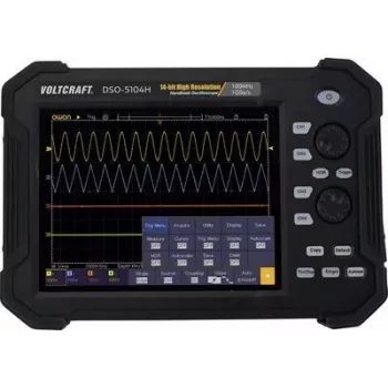 VOLTCRAFT DSO-5104H nešiojamasis skaitmeninis osciloskopas, 100 MHz, 4 kanalai, 1 GSa/s, 40 Mpts, 14 bitų, rankinis prietaisas (VC-11332625)