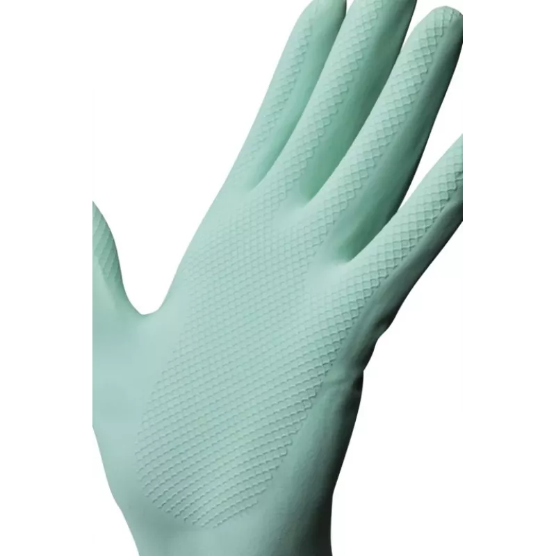 Buitinės pirštinės VILEDA Extra Sensation Green Cotton Latex L, sustiprinti pirštų galiukai, neslystančios, atsparios vandeniui ir nešvarumams