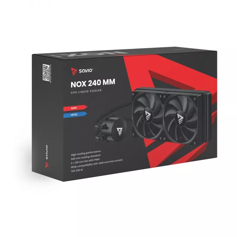 Skysčio aušinimo rinkinys SAVIO NOX 240 mm – 240 mm radiatorius, 2×120 mm ventiliatoriai, aliumininis radiatorius, varinė pagrindo plokštė, palaiko LGA 2011/2011-v3/2066/1200/115x/775
