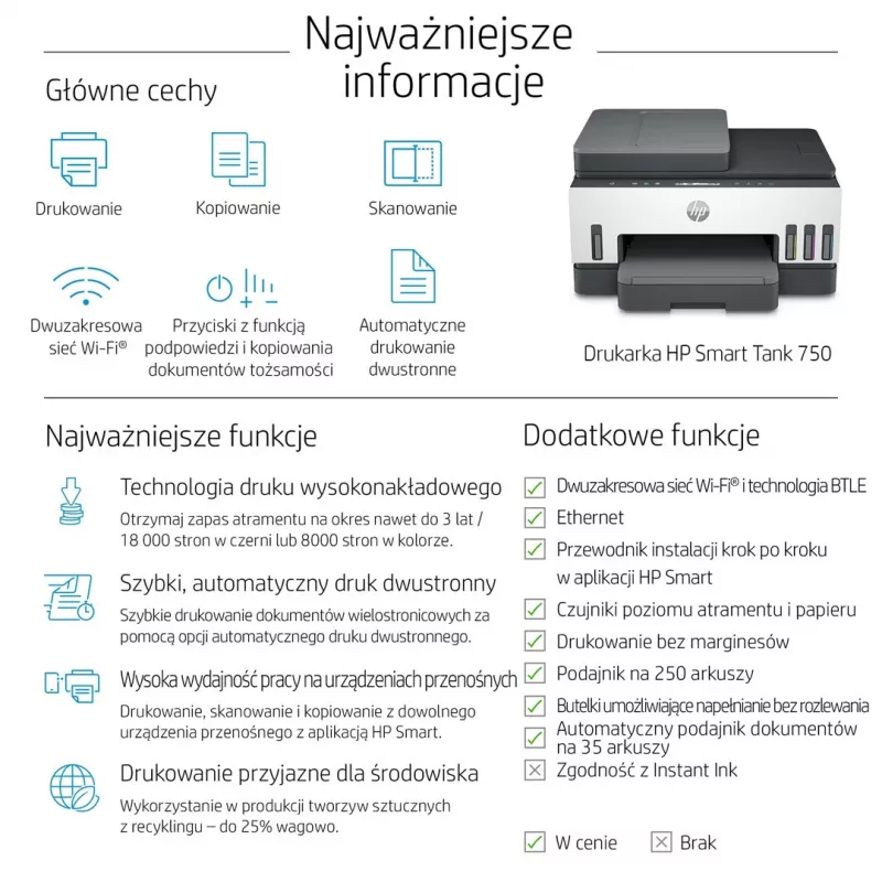 Daugiafunkcis spausdintuvas HP Smart Tank 750 su nuolatiniu rašalu, spalvotas, Wi-Fi, Smart App, dvipusis, ADF automatinis dokumentų tiektuvas