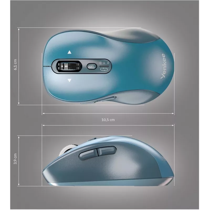 Belaidė pelė YENKEE YMS2010BE dviejų režimų ergonomiška, 2,4 GHz USB imtuvas + Bluetooth 5.1, 4 lygių DPI 1000–3200, 6 mygtukų