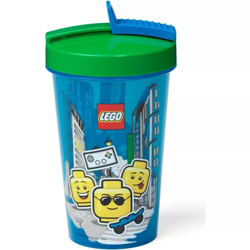 Room Copenhagen LEGO puodelis su šiaudeliu Iconic Boy Bright Blue (mėlyna/žalia, 500 ml)