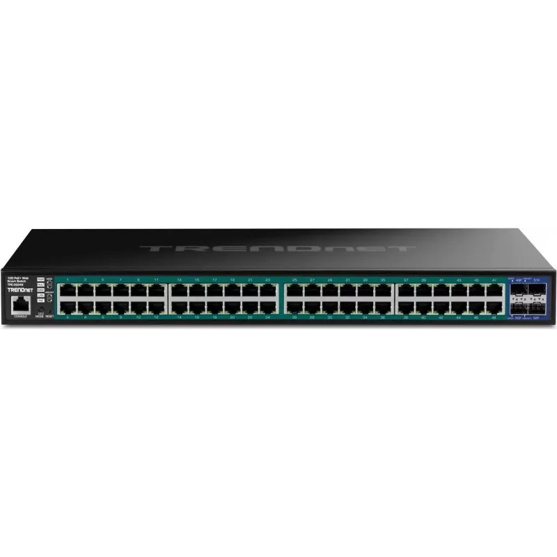TRENDnet TPE-3524S – tinklo jungiklis, 52 prievadai, Web, L2+, Smart, 48 x 10/100/1000 (PoE+) + 4 x 10 Gigabit SFP+, stalinis / montuojamas į stovą, PoE+ (410 W), atitinka TAA reikalavimus (TPE-3524S)