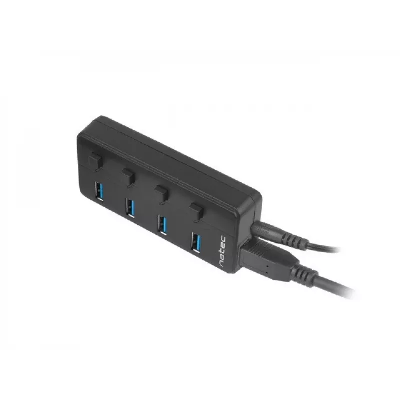 USB šakotuvas NATEC MANTIS USB 2.0 Type-B — 4x USB 3.2 Gen 1 Type-A, juodas, 0,8 m laidas, maitinimo adapteris, maitinimo jungiklis