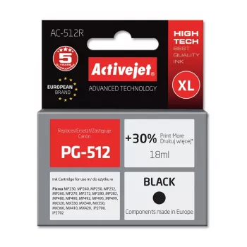 Activejet AC-512R rašalas (Canon PG-512 pakaitalas; Premium; 18 ml; juoda)