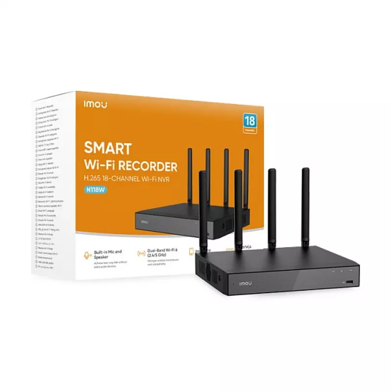 Tinklinis vaizdo registratorius IMOU N118W juodas – 18 kanalų, 4 kanalų atkūrimas, 3840×2160, dviejų juostų Wi‑Fi, SATA iki 16 TB