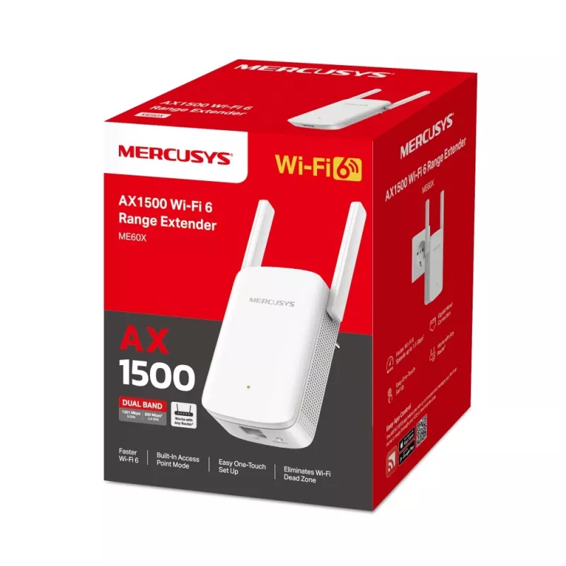 Mercusys ME60X Wi-Fi 6 AX1500 dviejų juostų signalo stiprintuvas
