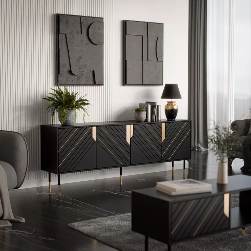 Komoda cama meble Cama 4D MOUNTAIN 204x40x72 cm juoda/auksinė, MDF/medžio drožlių plokštė