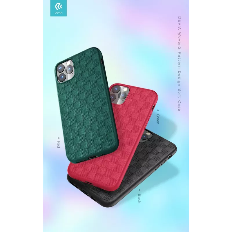 Minkštas dėklas Devia Woven2 iPhone 11 Pro Max – raudonas raštuotas tekstilinis apdaila