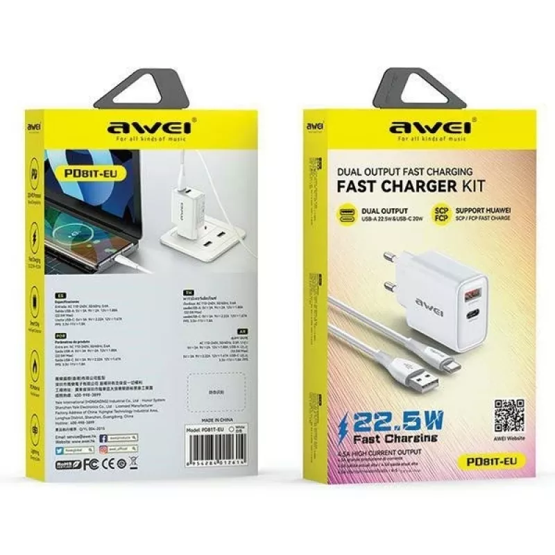 Awei PD81T-EU sieninis įkroviklis 22,5W su USB laidu ir USB-C, baltas, GaN