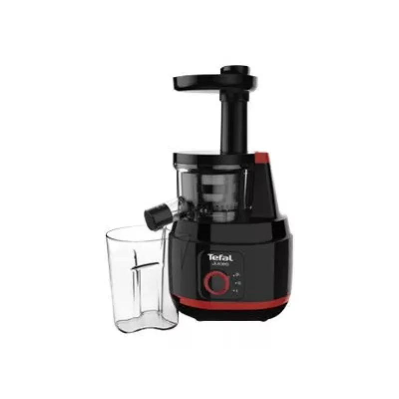 Lėtas sulčiaspaudė Tefal Juiceo ZC150 — 150 W, 4,5 cm padavimo vamzdis, 0,8 L talpos indai sultims ir minkštimui, 80 aps./min., juoda/raudona