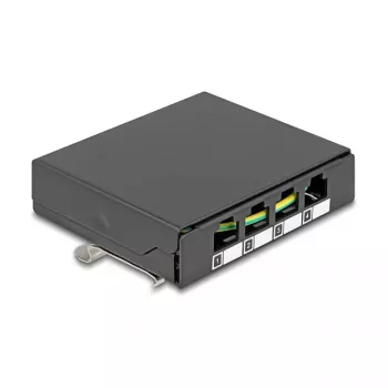 DELOCK Tuščias skydelis 4 prievadams Keystone RJ moduliams, juodas, metalinis – montavimui ant stalo, sienos ar DIN bėgio