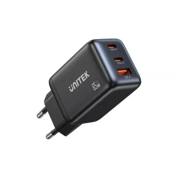 Unitek sieninis įkroviklis GAN 65W su 2x USB-C ir 1x USB-A, Power Delivery 3.0