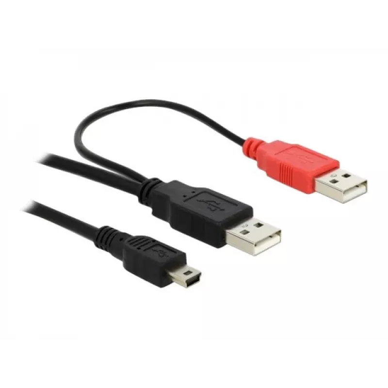 USB Y-laidinys DeLOCK 2× USB2.0-A (vyras) / USB mini 5 kontaktų 1 m Juoda