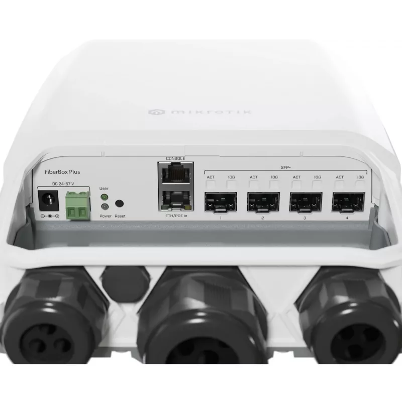 Valdomas jungiklis / maršrutizatorius „MikroTik FiberBox Plus“ (CRS305-1G-4S+OUT) – 4×10G SFP+, 1×Gigabit Ethernet, IP66, PoE-in